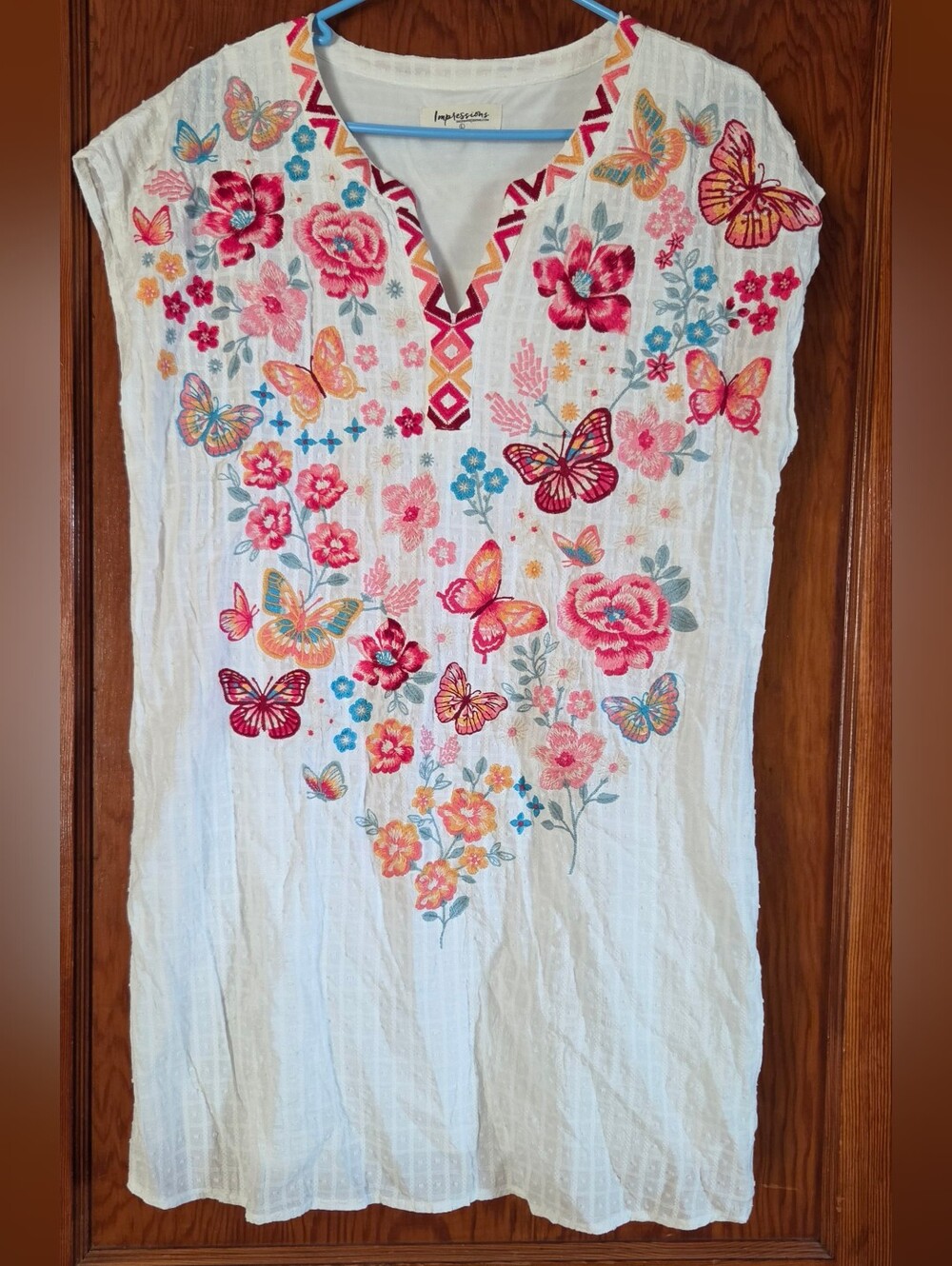Impressions White Floral Butterfly Embroidered V-Neck Dress, 100% Cotton, Large